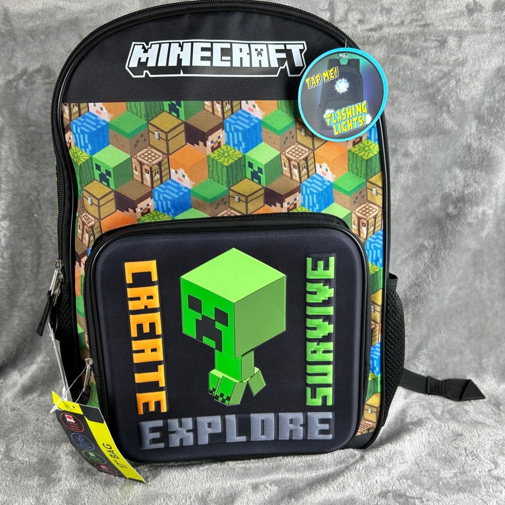 Minecraft Light Up Backpack 17" Creeper Create Explore Survive Black BPY867YMNC